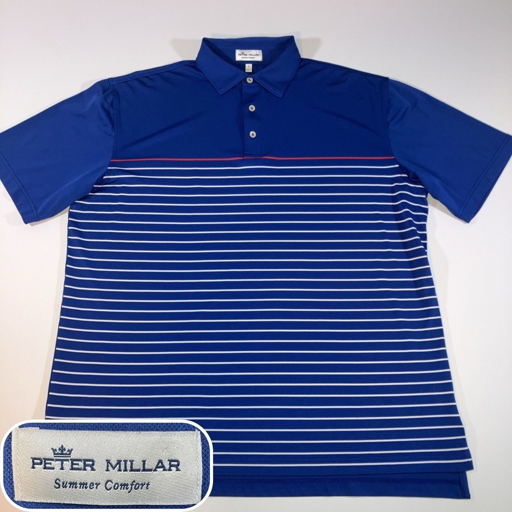 Peter Millar Summer Comfort Polo Mens L Blue Red White Stripe Golf Performance